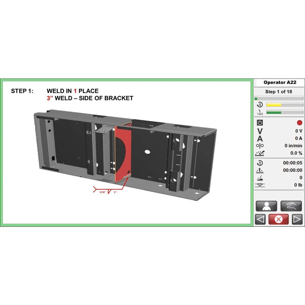 A computer screen displays 3D welding steps for a bracket using the Lincoln Weld Sequencer Renewal License 1 Year - K5176-1. The bracket’s 3-inch section is highlighted in red, with detailed instructions on the left and menu icons on the right.