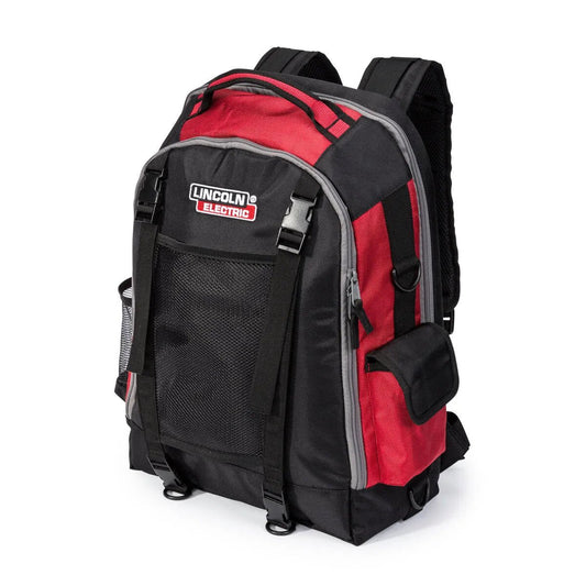 Lincoln Welders All-In-One Backpack K3740-1, red/black, multiple compartments, tool bag for welders or helmet storage.
