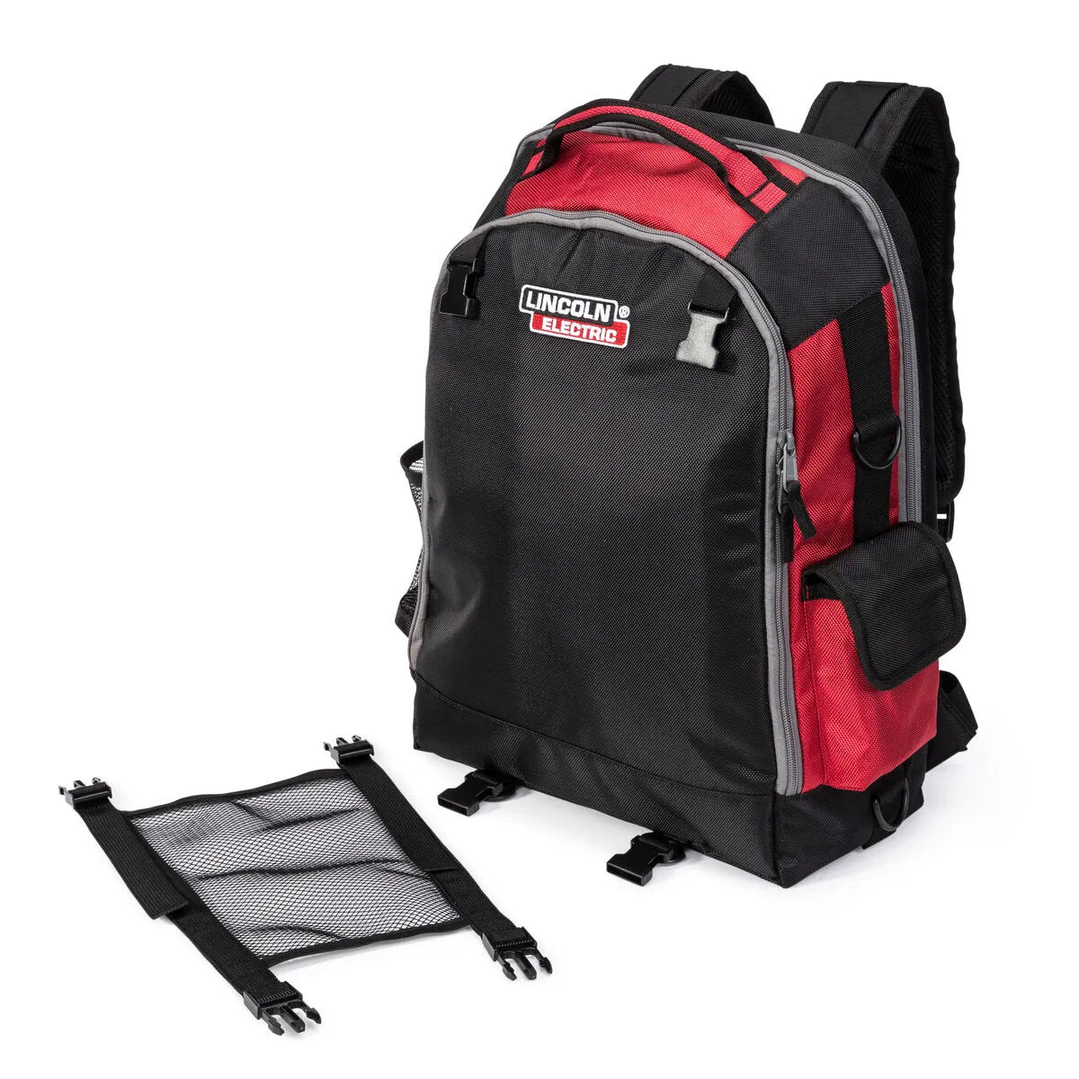 Lincoln Welders All-In-One Backpack K3740-1 for welding gear, tools; black/red, mesh panel, helmet storage, padded straps.