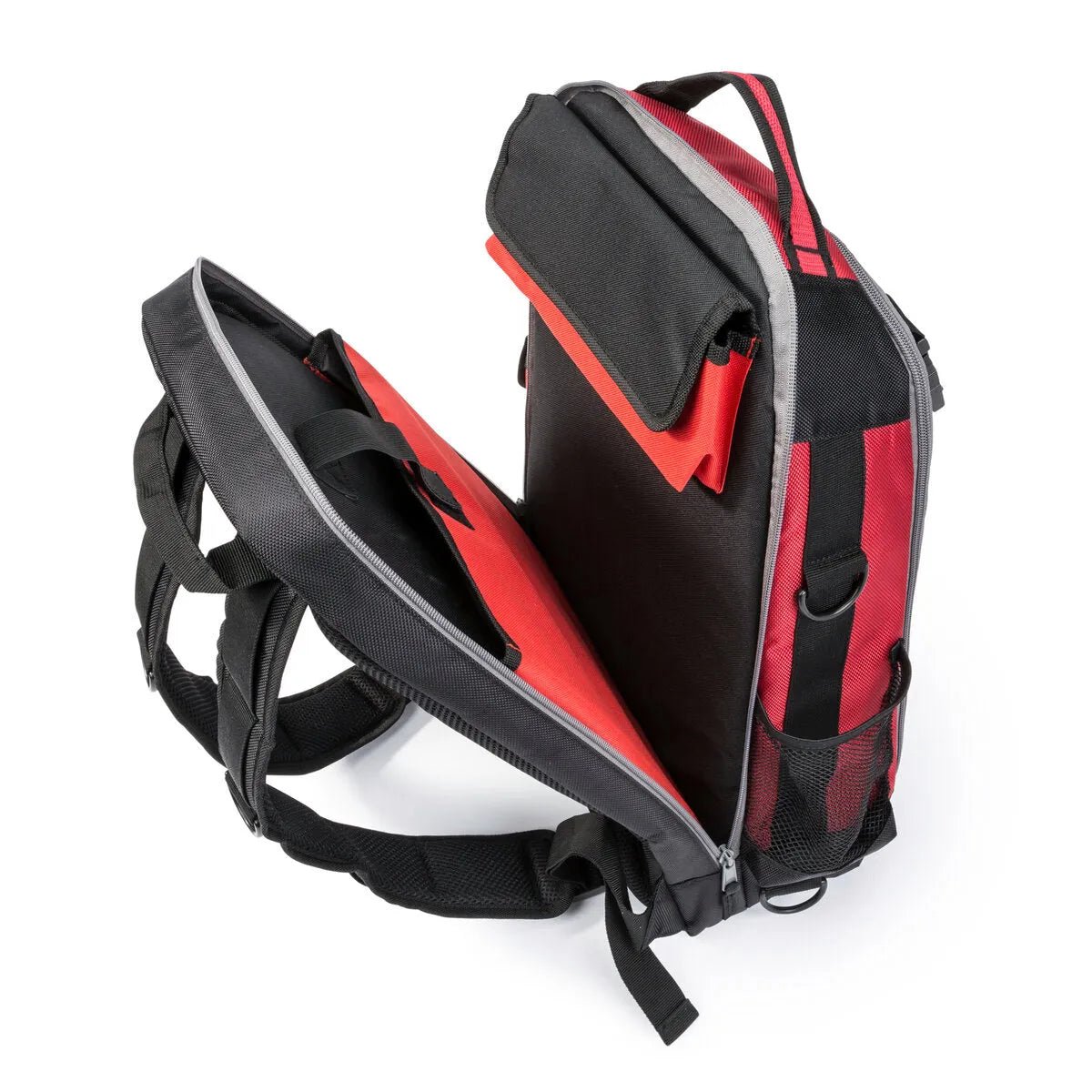 Lincoln Welders All-In-One Backpack K3740-1 for welding gear, with helmet storage, laptop sleeve, red/black design on white background.