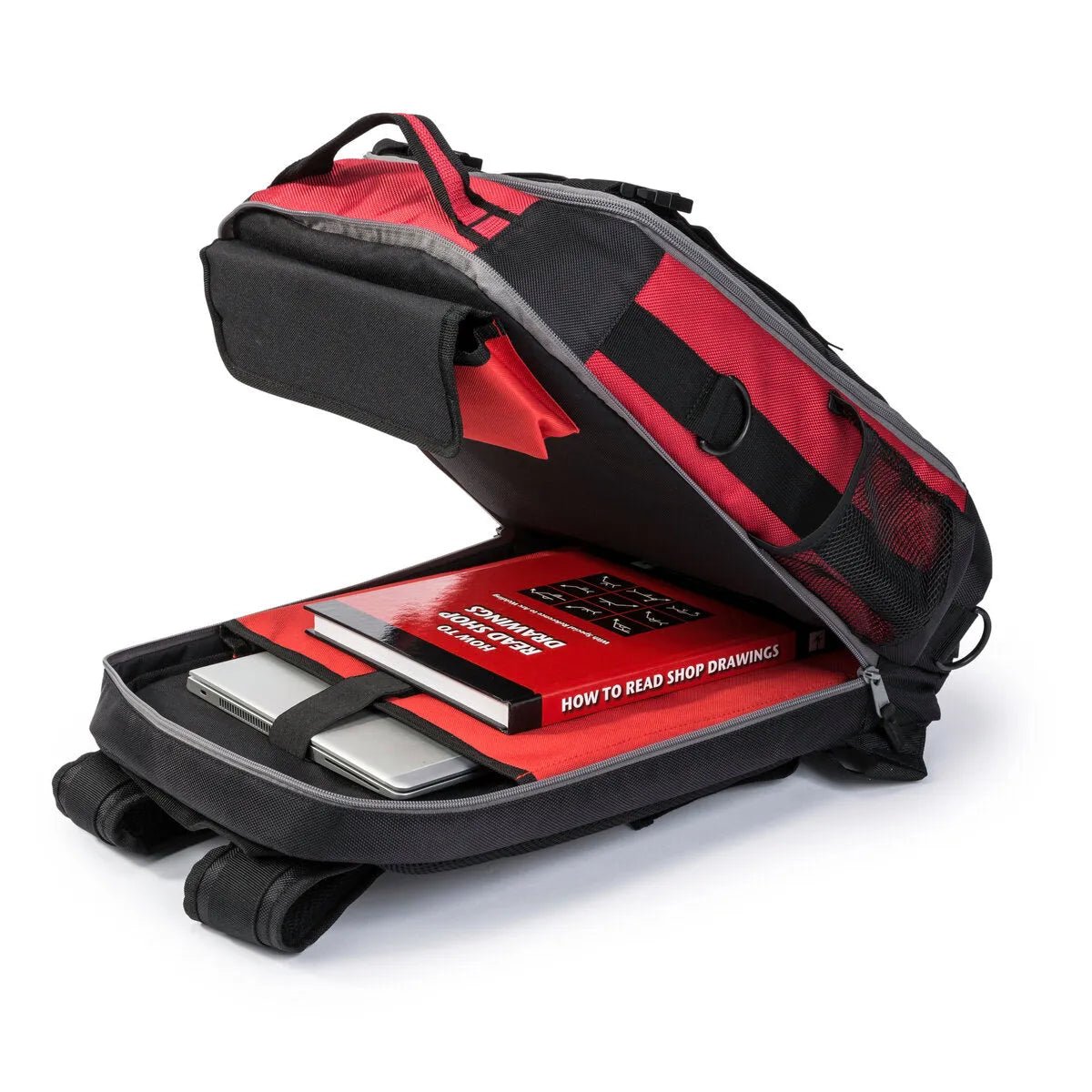 Lincoln Welders All-In-One Backpack K3740-1 open with laptop, shop drawings book, tablet, and helmet storage for welders.