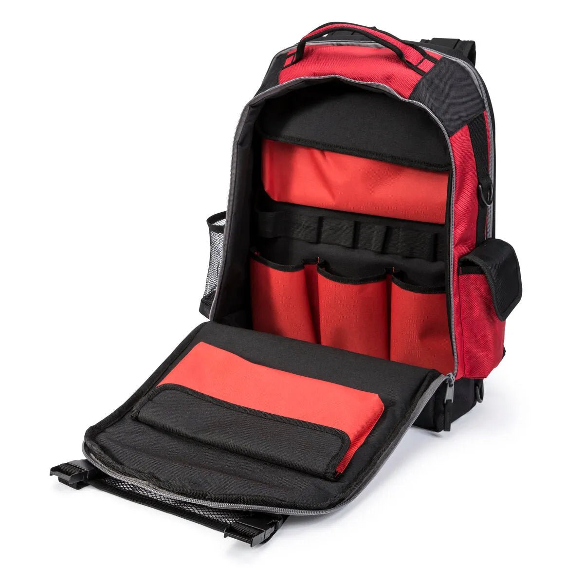 Lincoln Welders All-In-One Backpack K3740-1, red/black, weld helmet compartment, tool slots—perfect welding gear organizer.