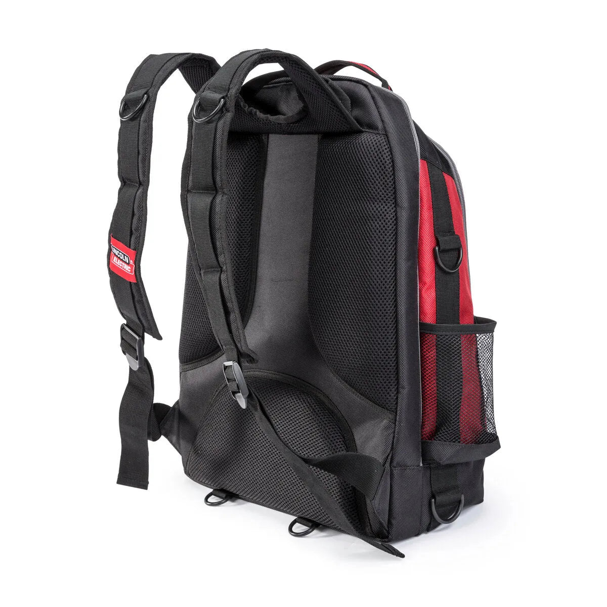 Lincoln Welders All-In-One Backpack K3740-1 with padded straps, mesh pocket, breathable back, and welding helmet storage—WeldingMart.
