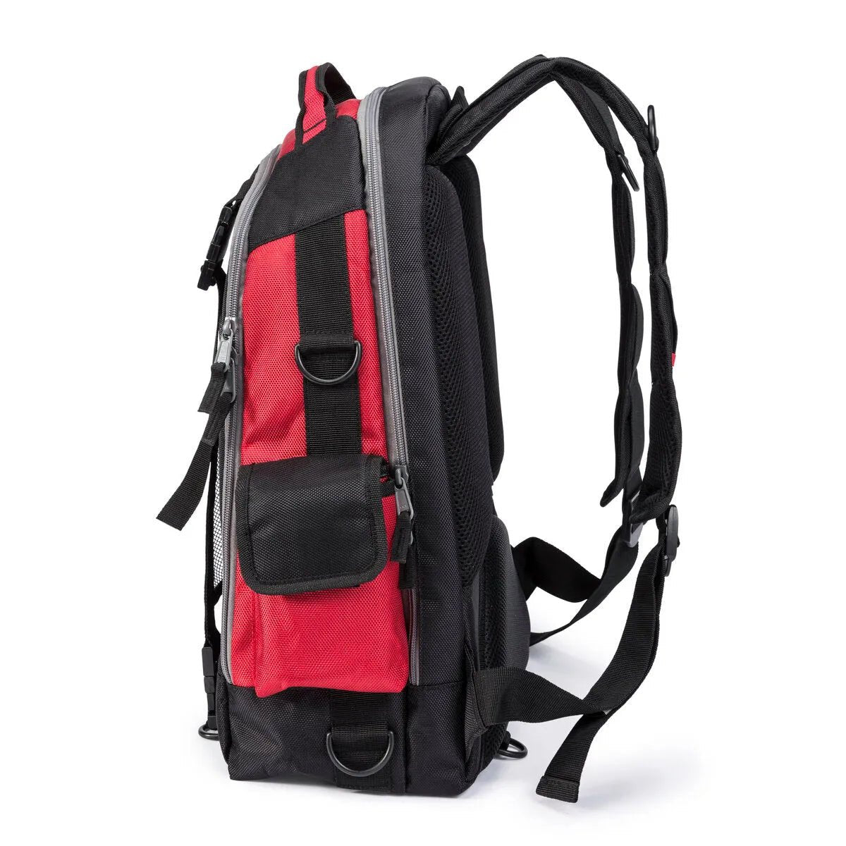 Lincoln Welders All-In-One Backpack K3740-1, black/red, with padded straps, front pocket, helmet loops—welding gear storage.
