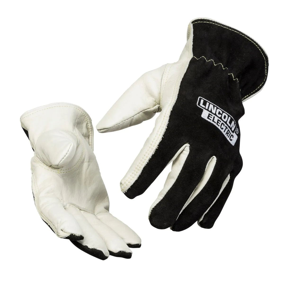 A pair of Lincoln Welders Leather Drivers Gloves XLarge K3770-XL, one palm up and one down, feature white leather palms, black suede backs and fingertips, plus a white Lincoln Electric logo patch. Shown on a white background.