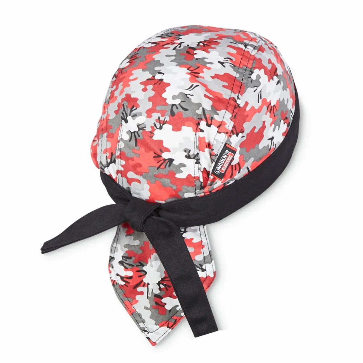 Lincoln Welding Bandana K4825-ALL with red, white, grey camo, absorbent liner, black headband—ideal welder accessory.