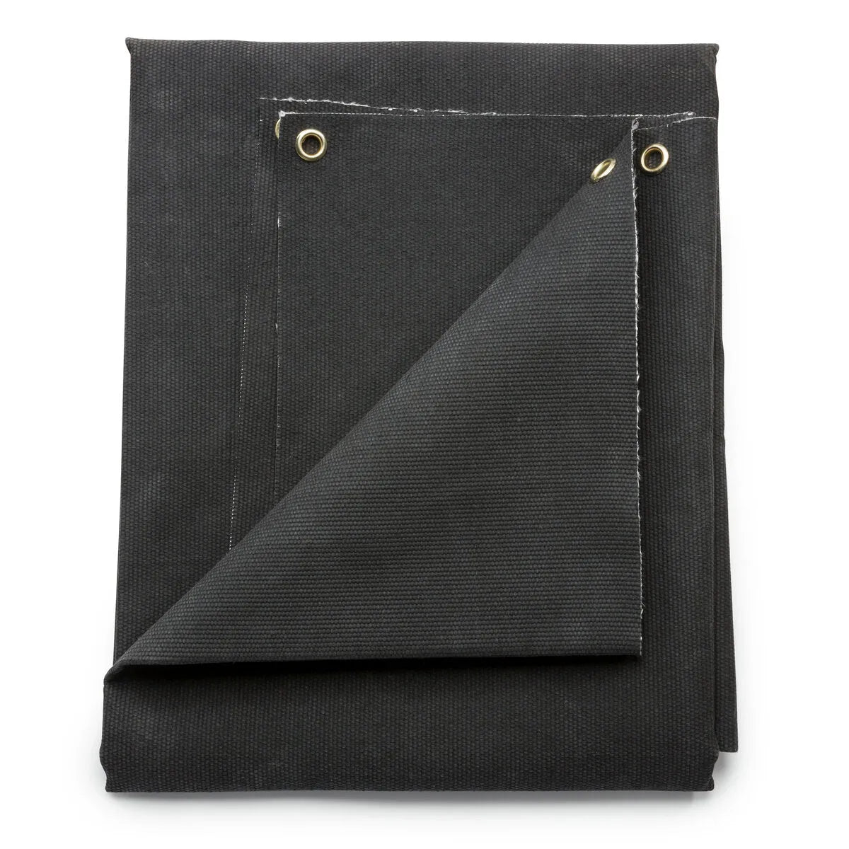 The Lincoln Welding Blanket - 6 ft x 6 ft - 1100° C Rated (K3254-1) is a black fiberglass blanket with reinforced edges and two metal grommets in the corner. One corner is lifted to display the underside and stitching; it’s neatly stacked on a white background.