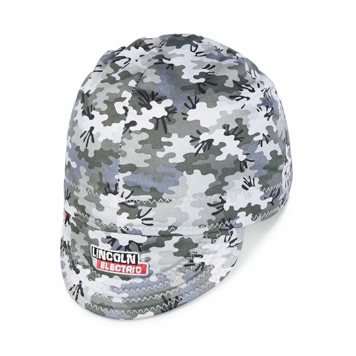 Lincoln Welding Cap Grey Camo Large K4821-L with short brim, LINCOLN ELECTRIC patch, padded headband—essential welder accessory.