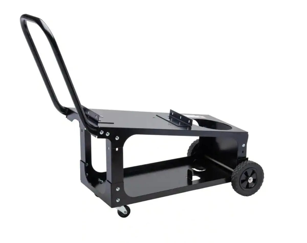 The Lincoln Welding Cart (80 cu.ft Bottle Capacity) K2275-3 is a black metal cart with a slanted handle, two rear wheels, and front swivel casters, featuring a lower shelf and angled platform—ideal for welding accessories and Lincoln machines. Photographed on white.