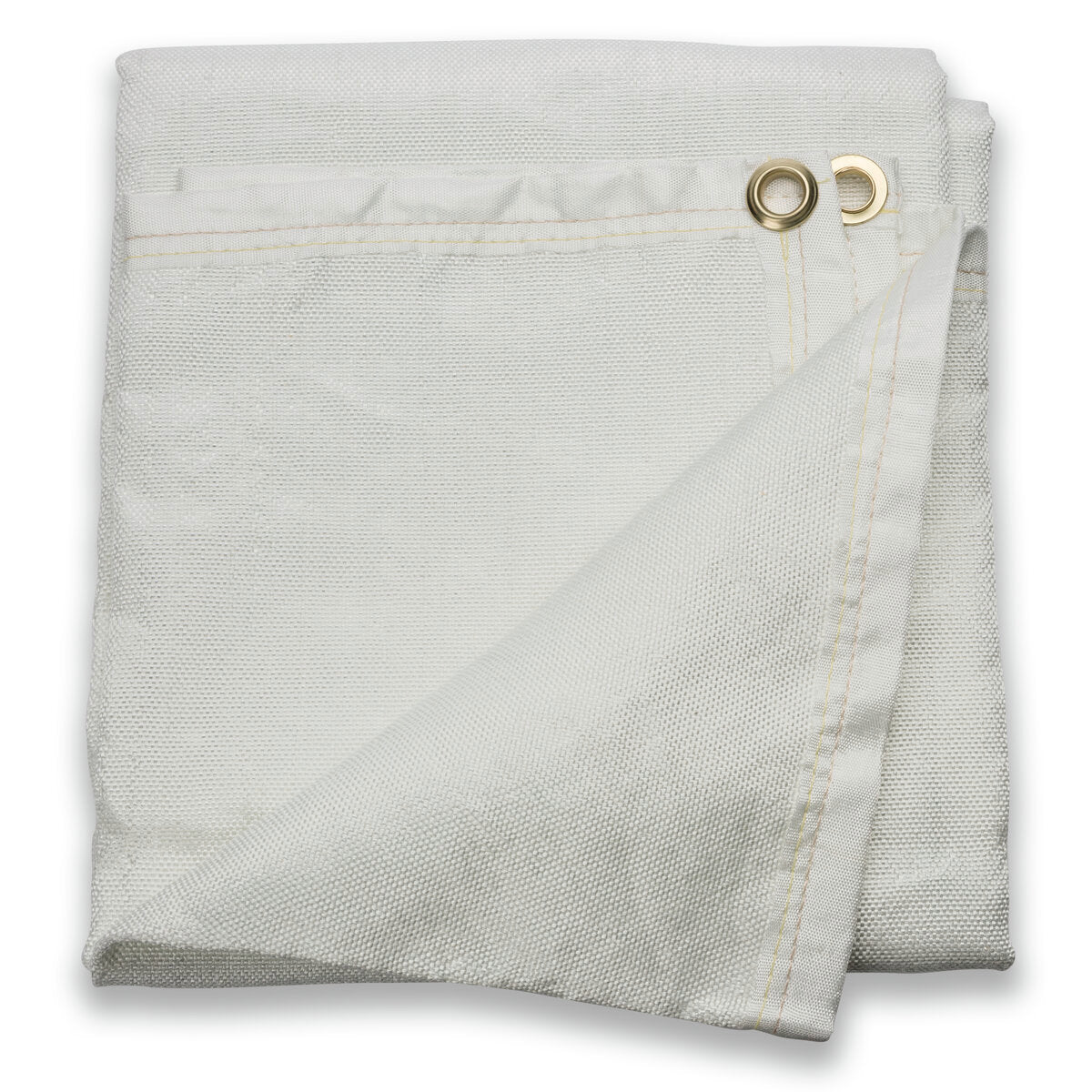 A folded Lincoln Welding Curtain (6 ft x 6 ft, K3252-1) with two brass grommets in one corner, visible edge stitching, a textured white surface, and one corner turned up to show both sides of this FM 4950 certified, 550°C rated material.