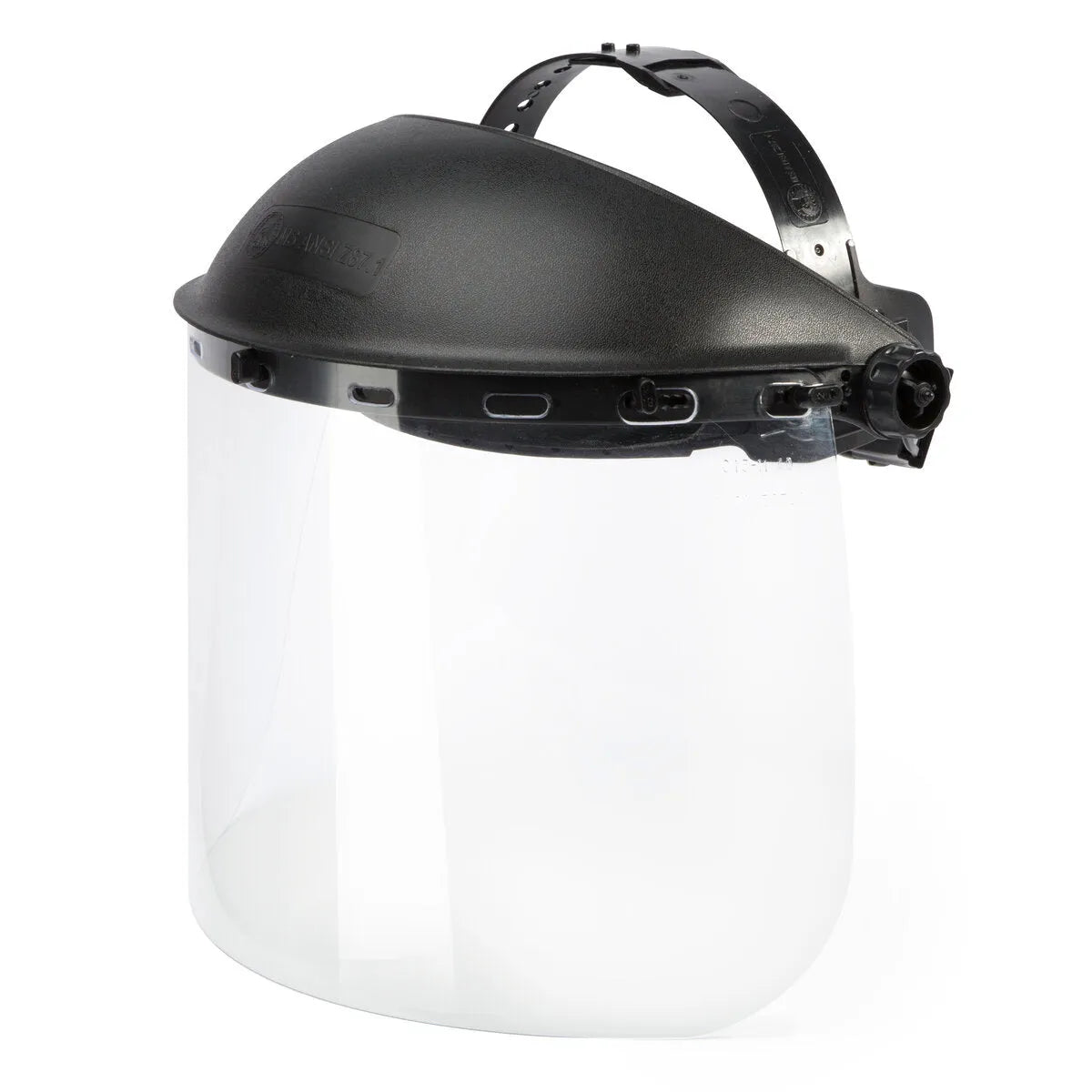 Lincoln Welding Face Shield K3120-1 with black adjustable headband, clear impact-resistant visor—ideal welding PPE at WeldingMart.