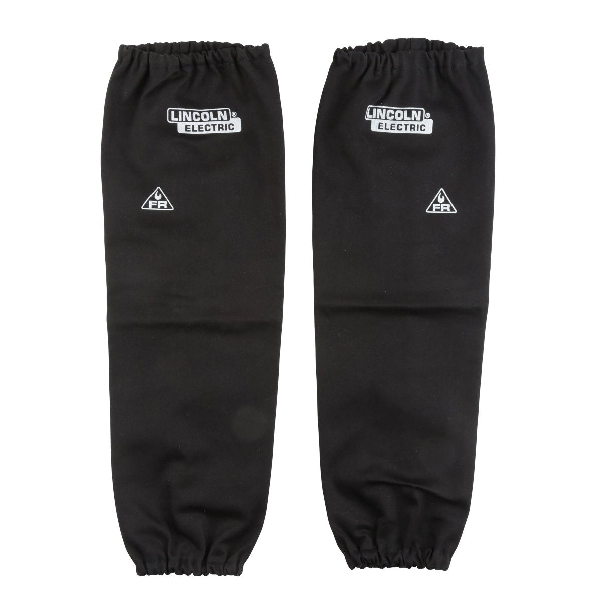 Lincoln Electric black welding arm sleeves with elastic cuffs, logo, and safety symbols—essential welding accessory from WeldingMart.