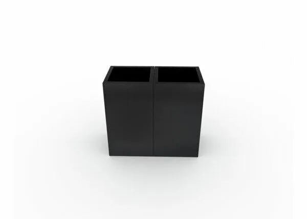 A black, rectangular Lincoln Welding Screen/Curtain Frame Connector - 2 Way (KP4863-1) is centered on a white background. With its smooth, flat sides and minimalist design, its perfect for organizing a modular welding work area.