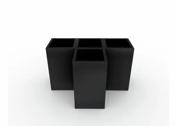 A minimalist image features five Lincoln Welding Screen/Curtain Frame Connector - 4 Way - KP4865-1 units, black with open tops, arranged in two rows on a white background for striking contrast.