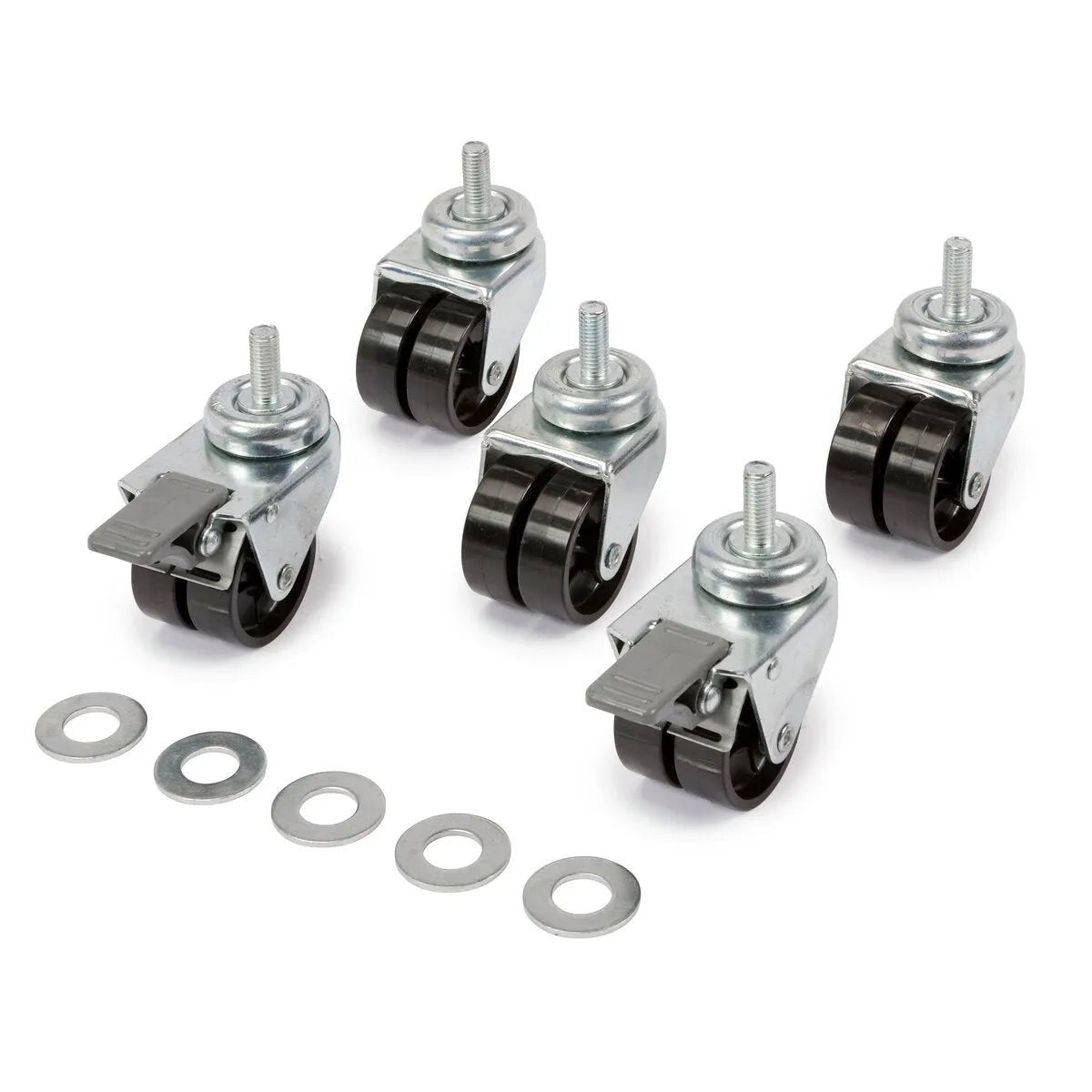 Lincoln Wheel Kit K2752-6 for welding carts: 5 caster wheels, 2 with brakes, 4 washers, black/silver, on white background.
