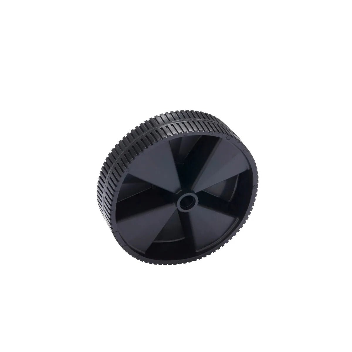 A black plastic wheel with a textured edge and five thick spokes, shown against a white background. The central hole suggests its designed for welder mobility or could be part of a Lincoln Wheel Kit for welding machine wheels.