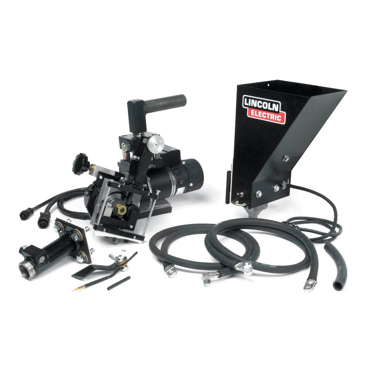 The Lincoln Wire Drive for NA-5S (95:1) K346B, designed for 1/16 to 3/32 solid electrode wires, features black metal components and connectors. The unit, shown on a white background, displays the Lincoln Electric logo on its hopper.