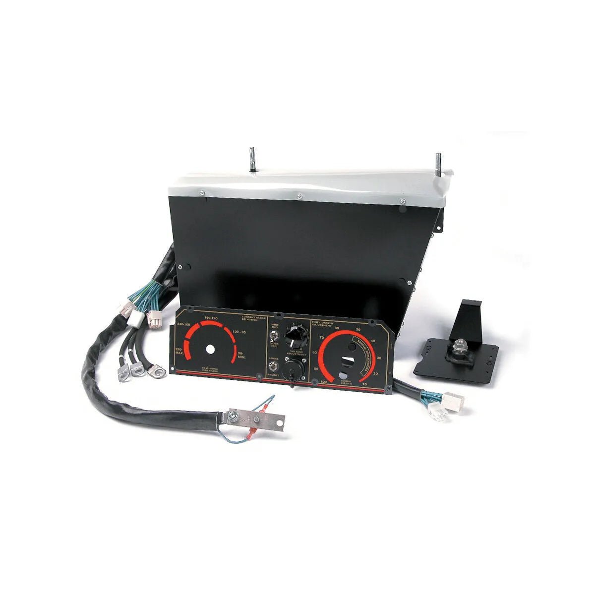 The Lincoln Wire Feed Module for Engine Driven Welders K623-1 is a black and silver industrial control panel with gauges, dials, labeled switches, bundled wires, connectors, a mounting bracket, and red/yellow details.