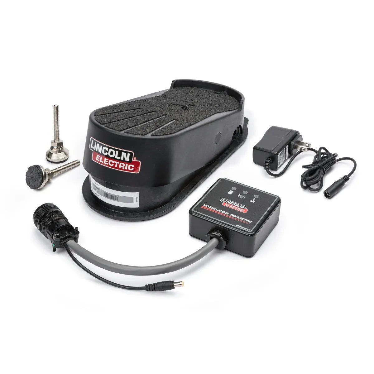 A Lincoln Wireless Foot Pedal for TIG Welding K4986-1, with cable, black control box, silver connector, and AC power adapter—all on a white background. Compatible with the Lincoln K4986-1 wireless foot pedal system.