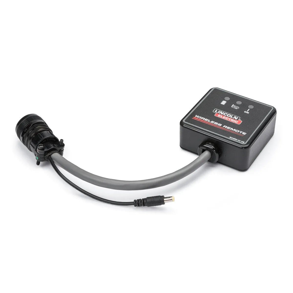 A black Lincoln Wireless Foot Pedal Receiver K4988-1 with indicator lights, logo, and thick gray cable—perfect for TIG welding—connected to a cylindrical connector on one end and a small round plug on the other, shown on a white background.