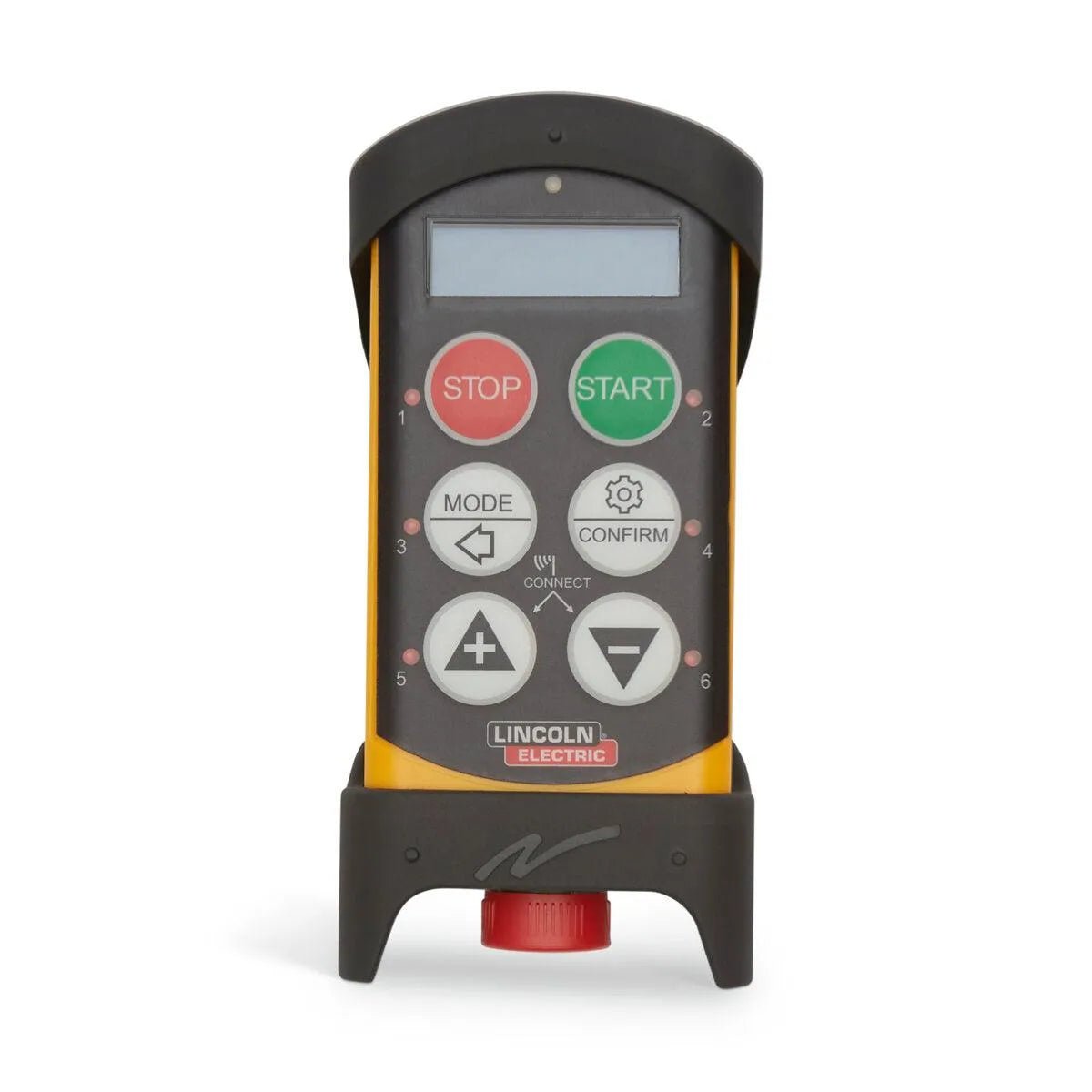 The Lincoln Wireless Remote Control (Frontier) K5265-1 features a display, STOP (red), START (green), MODE, CONFIRM, CONNECT buttons, arrow keys, and welding controls—all in a black and yellow protective case for the Frontier 400X.