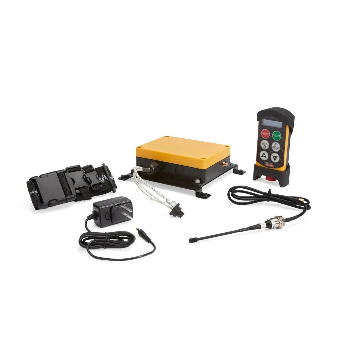 The Lincoln Wireless Remote Control (Frontier) K5265-1 set is displayed on a white background, featuring the yellow control unit with cables, black remote with screen and buttons, charger, battery pack, antenna, and other components.