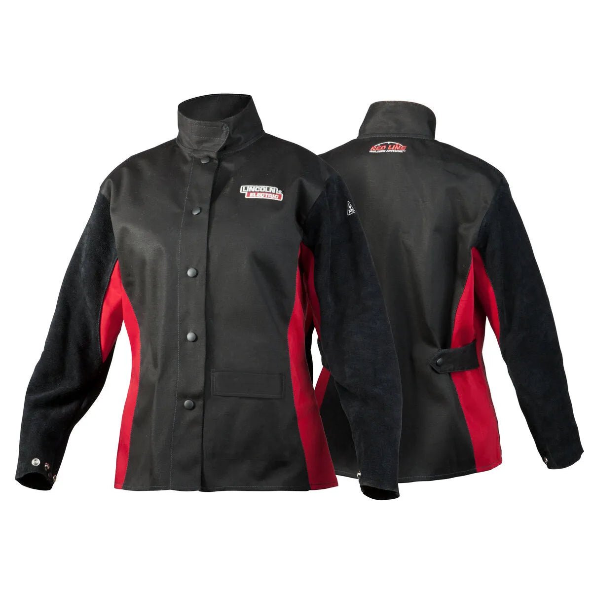 Two black and red flame retardant welding jackets are displayed, one showing the front with snap buttons and a Lincoln Electric logo, and the other showing the back with an adjustable waist strap and durable split cowhide sleeves.