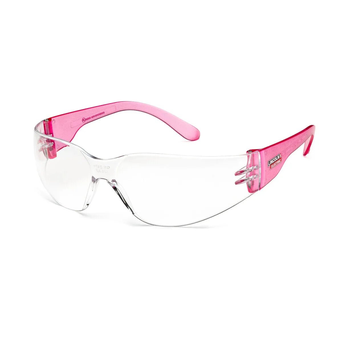 Lincoln Women's Starlite Clear Safety Glasses K3250-S with pink frames and clear lenses for stylish welding eye protection.