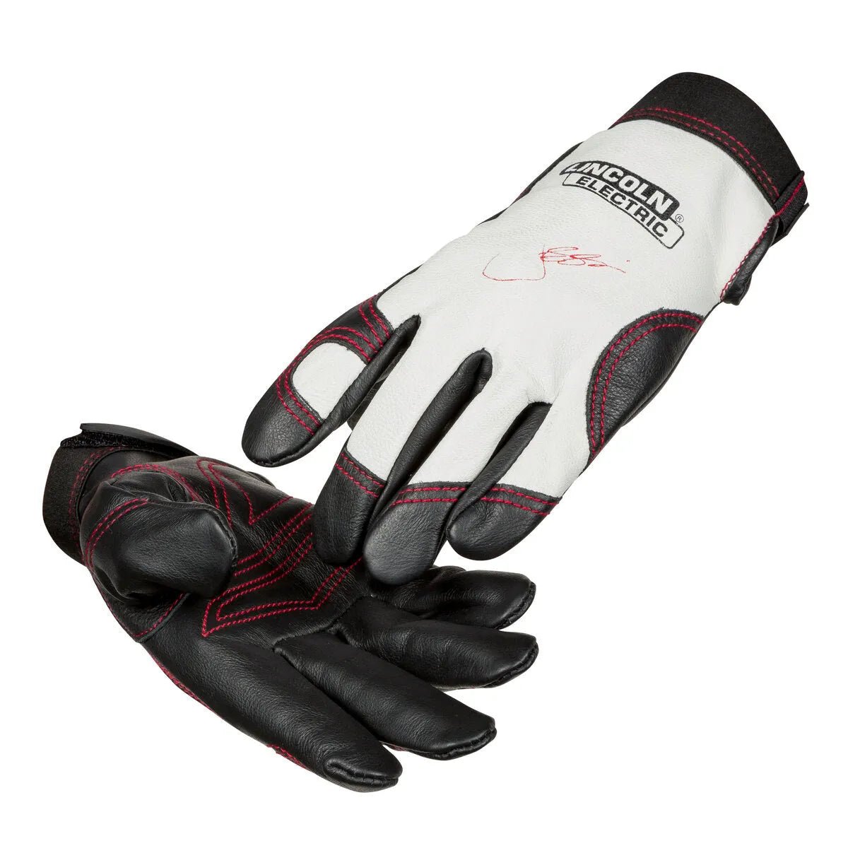 A pair of Lincoln Electric fabrication gloves with black palms and white backs, red stitching, and the Lincoln Electric logo on one glove. One glove is lying flat, while the other faces palm up. Perfect for welding or fabrication work.