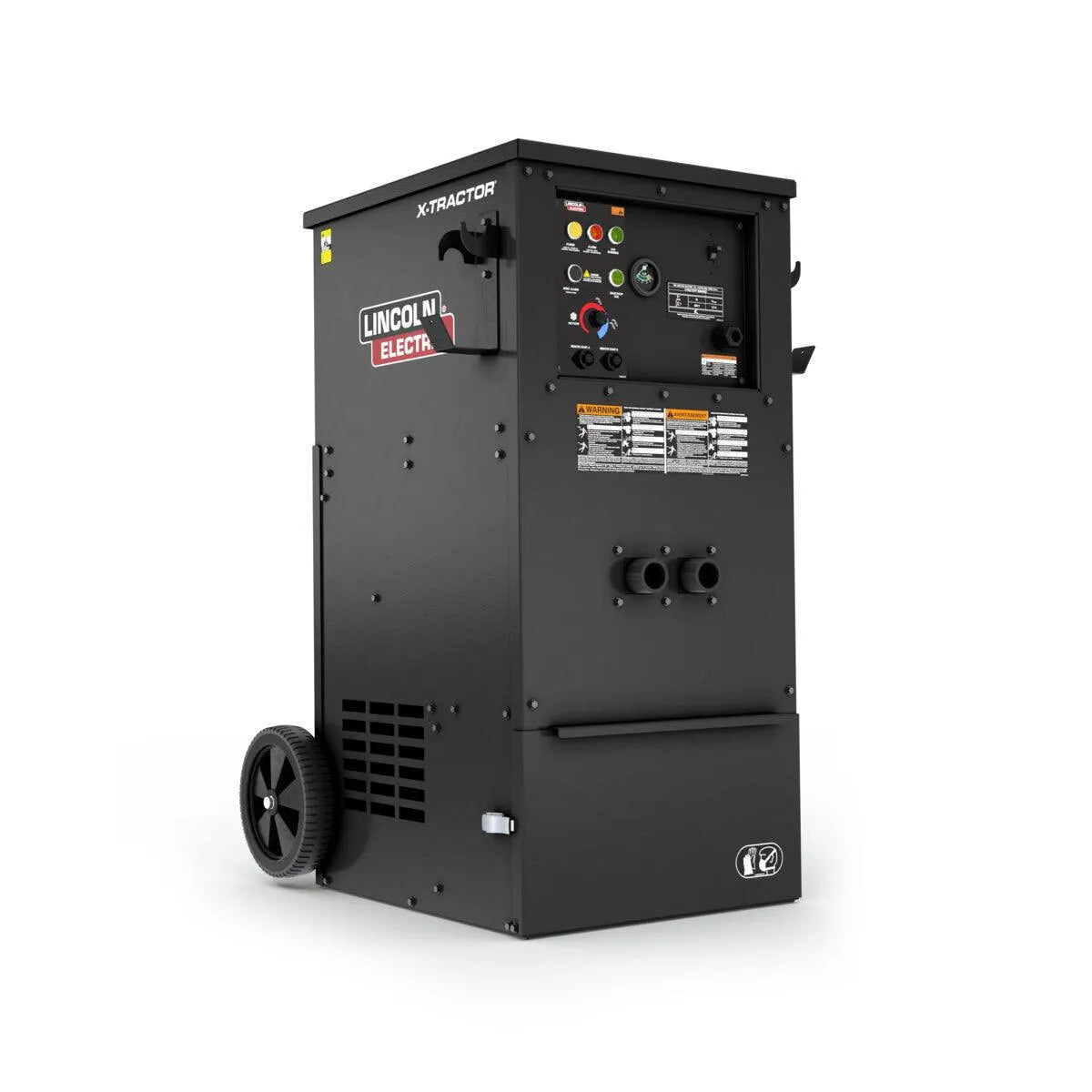 The Lincoln X-Tractor 2 Fume Gun 575/3/60 with MERV 16 Nano Filter K5271-3 is a black welding fume extractor featuring control buttons, dials, hose ports, warning labels, rear wheels for mobility, and a vent, shown on a white background.