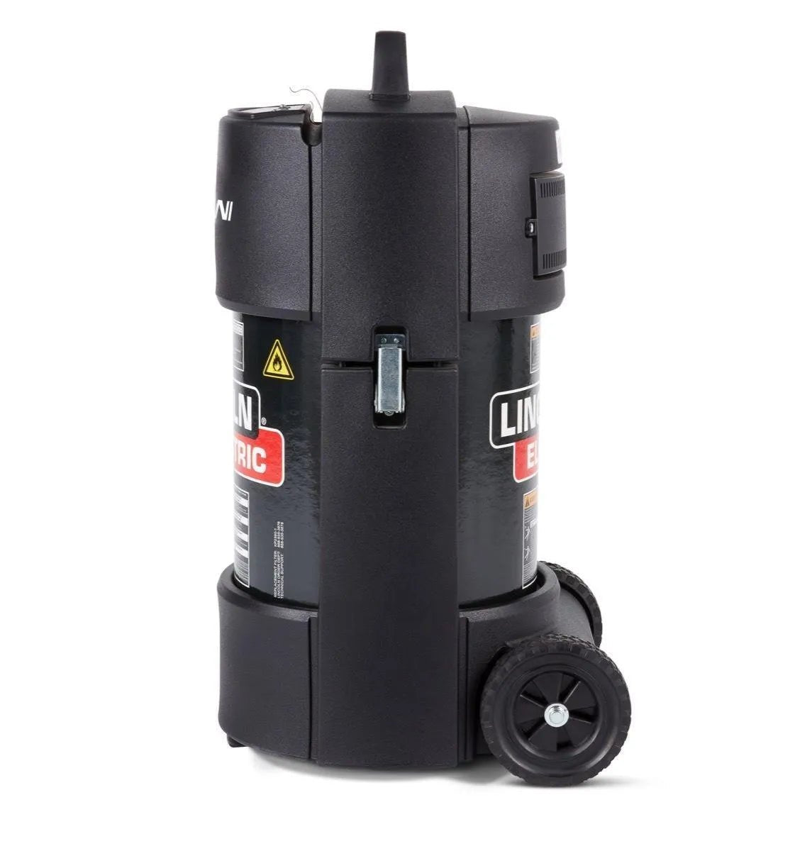The Lincoln X-Tractor MINI Portable Welding Fume Extractor 230/1/50 K2497-18 is shown upright, featuring a black cylindrical body with LINCOLN ELECTRIC labels, caution symbols, a handle, and large rear wheels for portability.