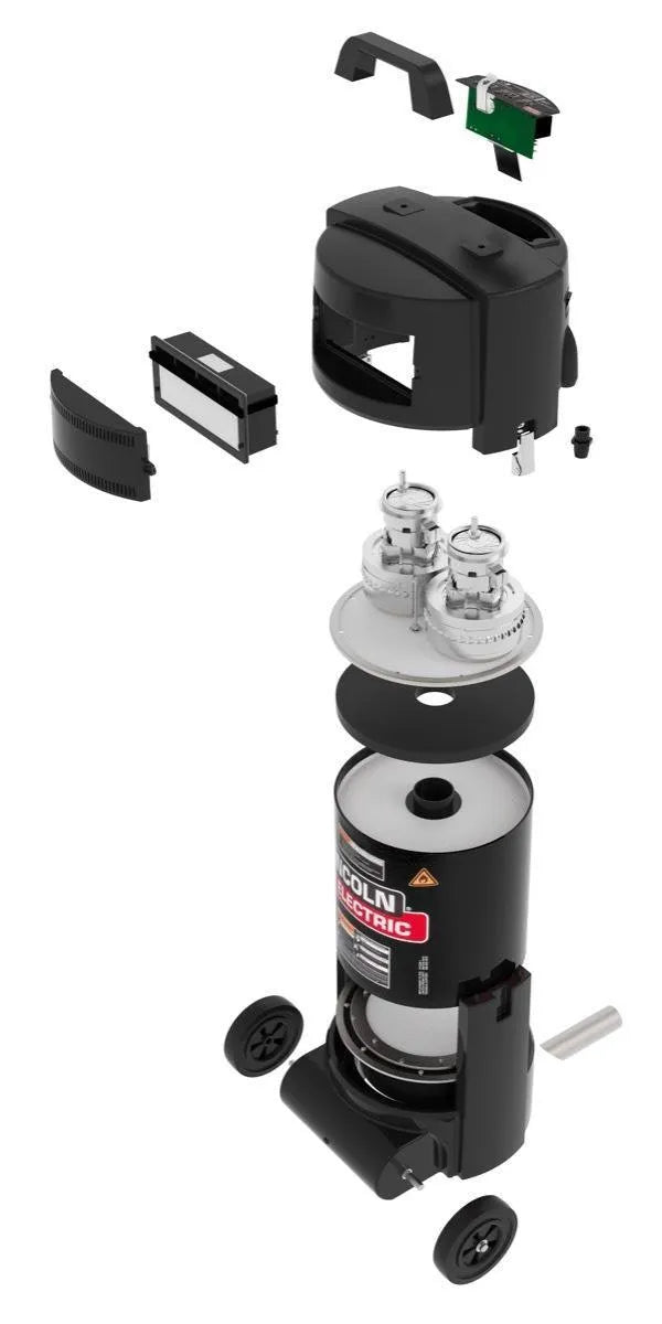 An exploded view shows a welding machine and the Lincoln X-Tractor MINI Portable Welding Fume Extractor 230/1/50 K2497-18, with internal and external parts vertically separated for clear display of efficient fume removal components.