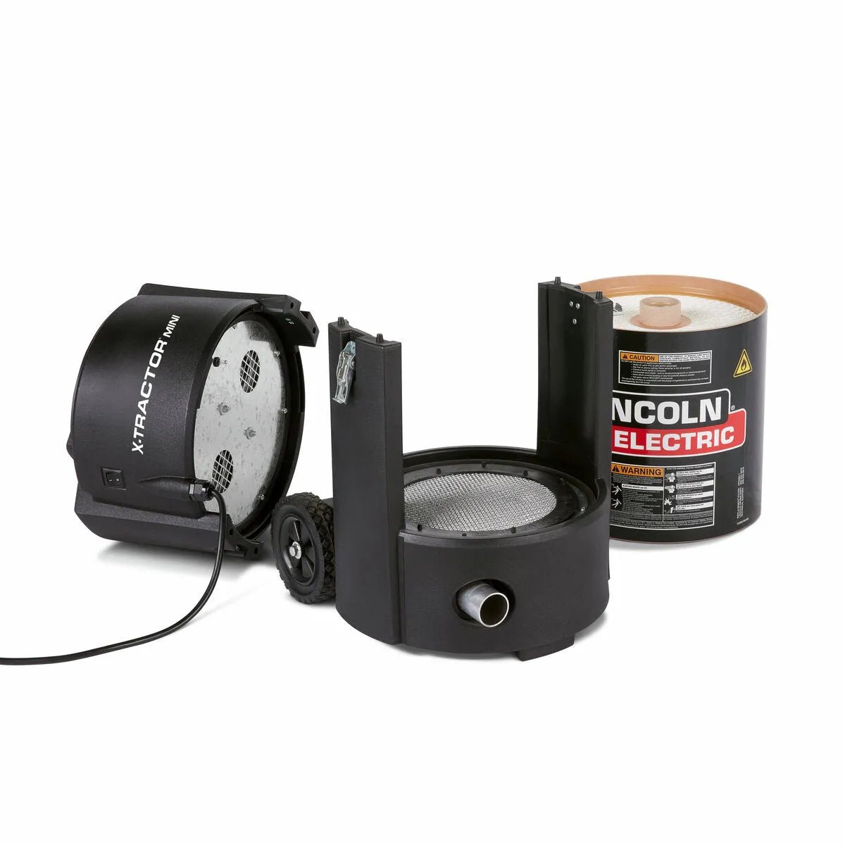 A black Lincoln X-TractorMini with EN-20 Nozzle 120/1/60 K3972-5 vacuum filter housing is open, exposing its internal components. Next to it, a cylindrical welding fume extractor filter stands upright; both are set on a white background with visible labels.