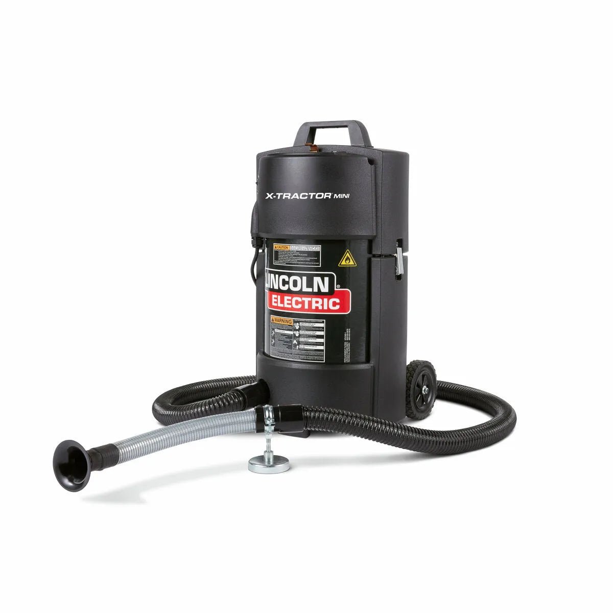 A black, cylindrical Lincoln X-TractorMini with EN-20 Nozzle 120/1/60 K3972-5 features a top handle, side wheels, warning labels, and a flexible hose with wide nozzle for welding fume extraction, set against a plain white background.