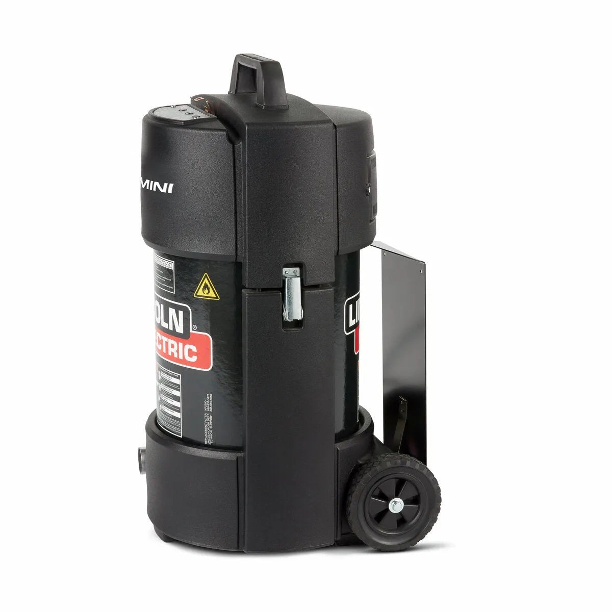 A black, cylindrical Lincoln X-TractorMini with EN-20 Nozzle 120/1/60 K3972-5 features a handle, two large wheels, control panel, safety symbols, and offers portable welding fume extraction for on-the-go use.