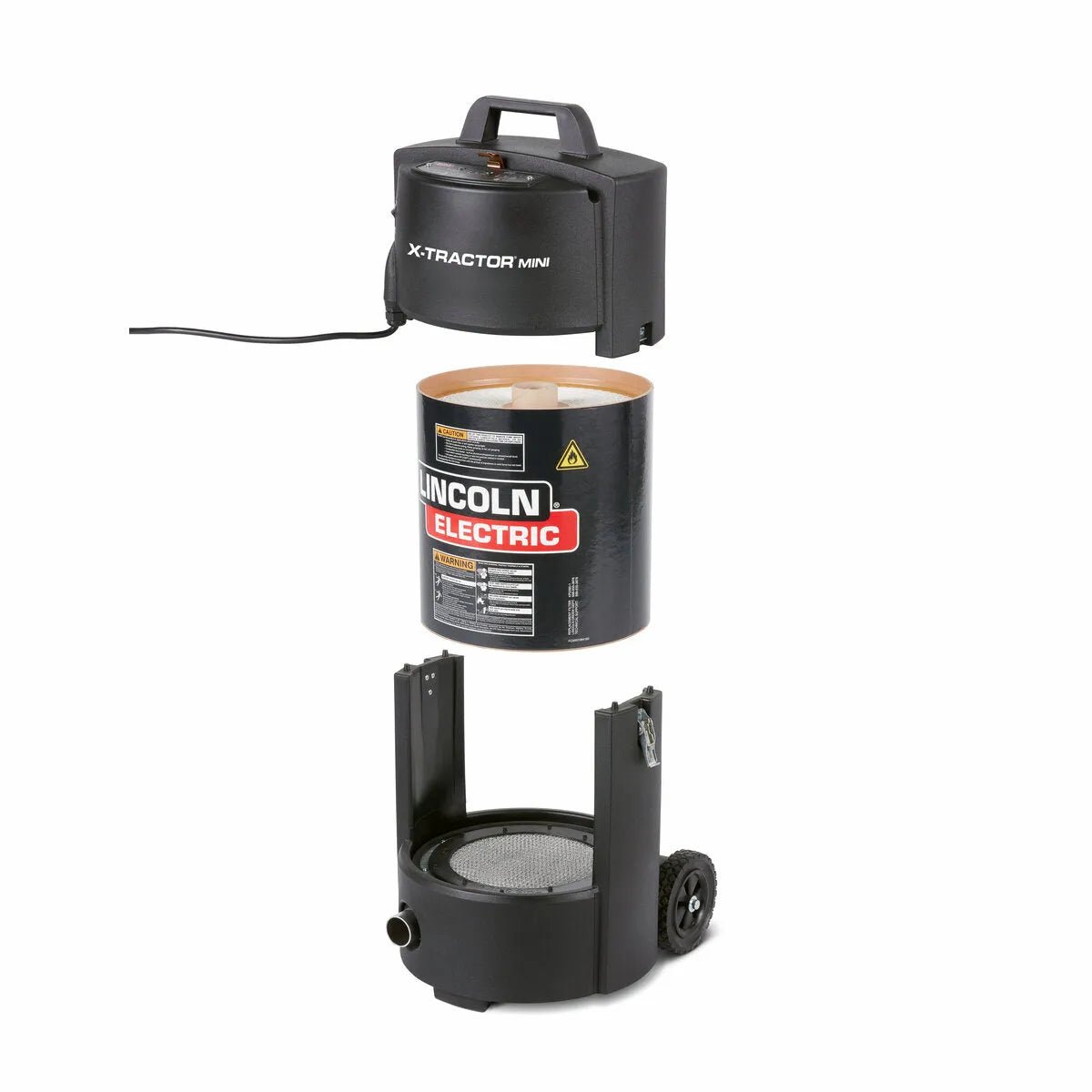 A three-part, exploded view of the Lincoln X-TractorMini with EN-20 Nozzle 120/1/60 K3972-5 shows a black handled top unit with cord, a cylindrical filter center, and a wheeled base with round mesh for portable welding fume extraction.