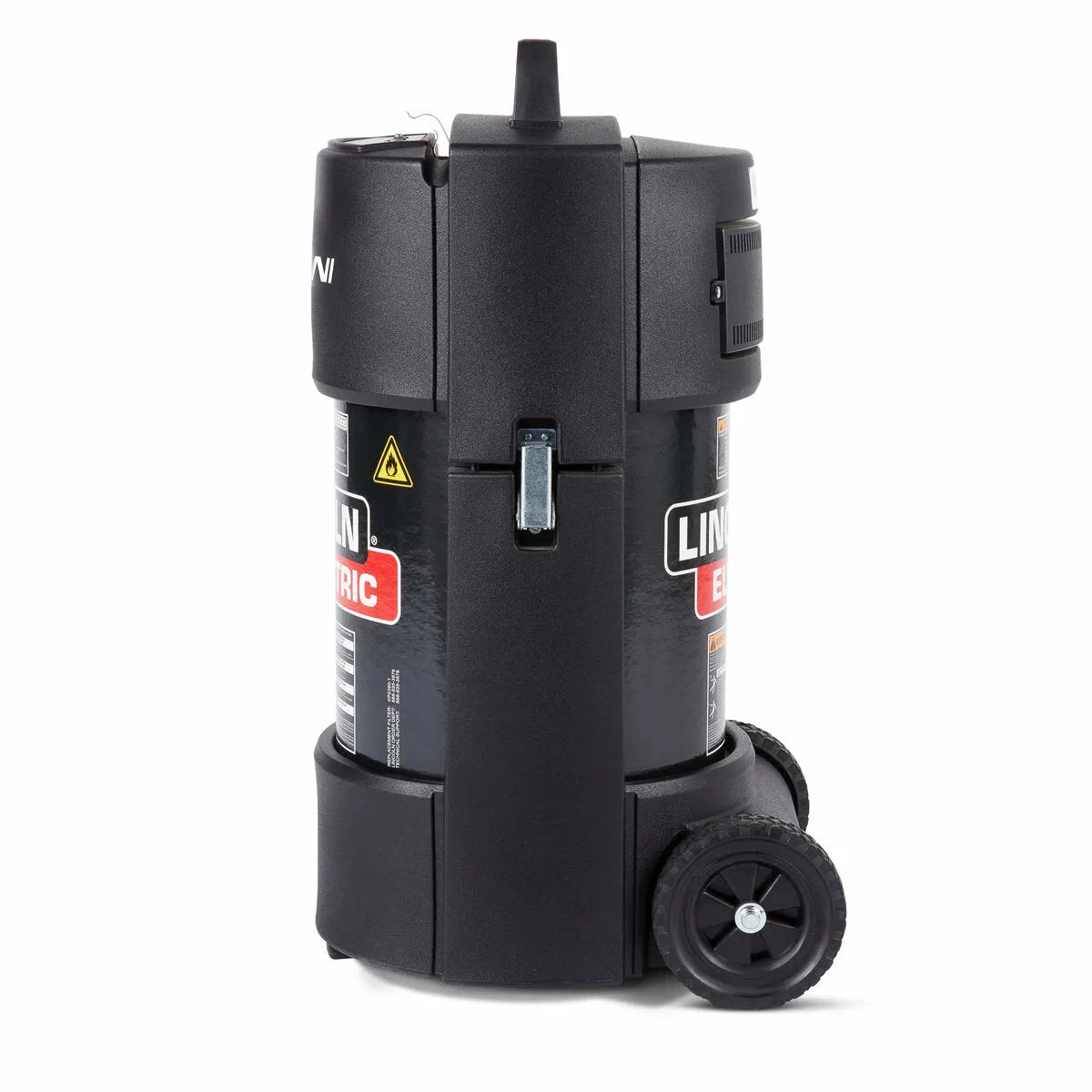 The Lincoln X-TractorMini with EN-20 Nozzle 120/1/60 (K3972-5) is a black, upright portable welding fume extractor with large rear wheels, a top handle, front clip, warning labels, “LIN” branding, and a plain white background.