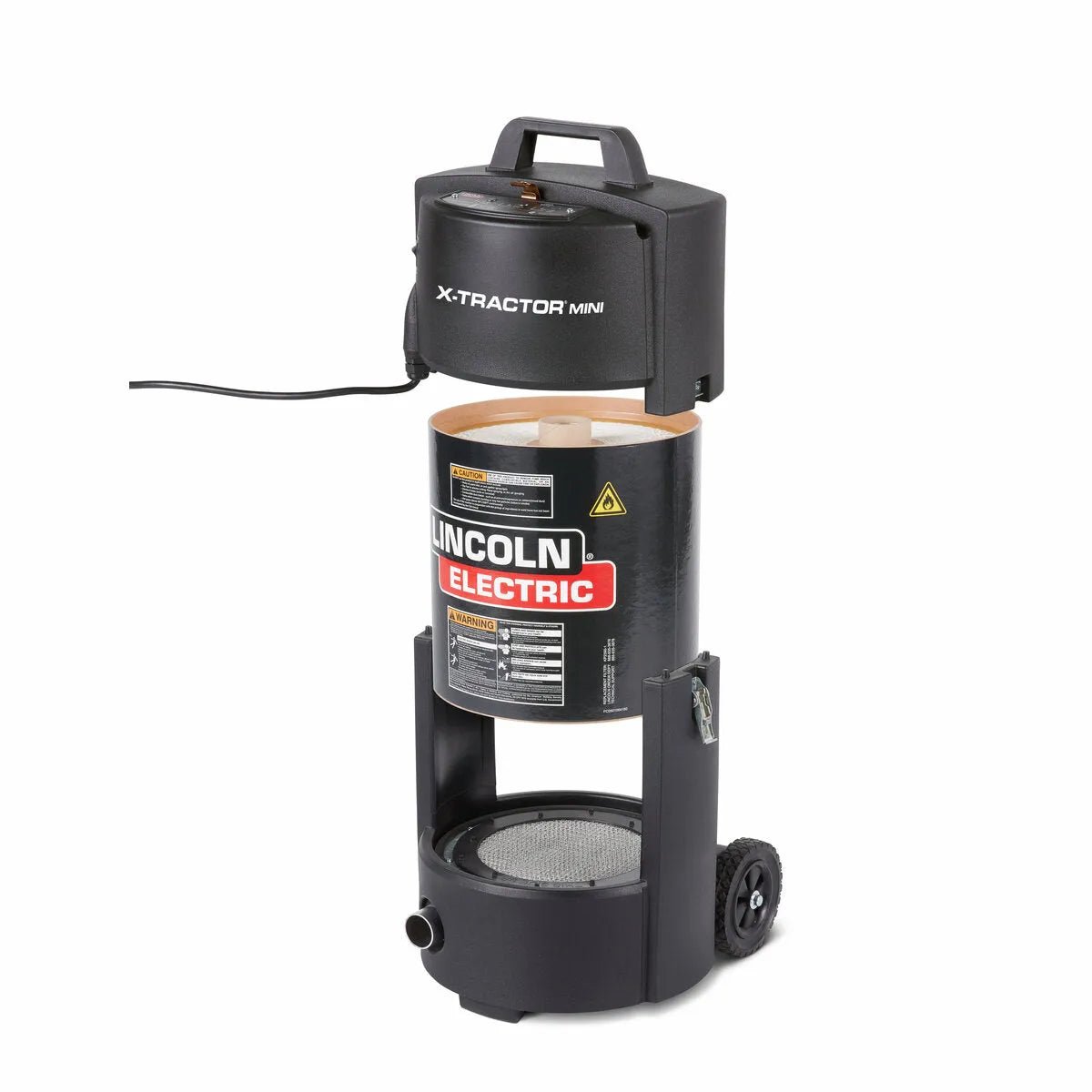A compact, black Lincoln X-TractorMini with EN-20 Nozzle 120/1/60 K3972-5 features a cylindrical filter, wheels, top carry handle, attached power cord, and displays the Lincoln Electric logo and safety warnings on its label.