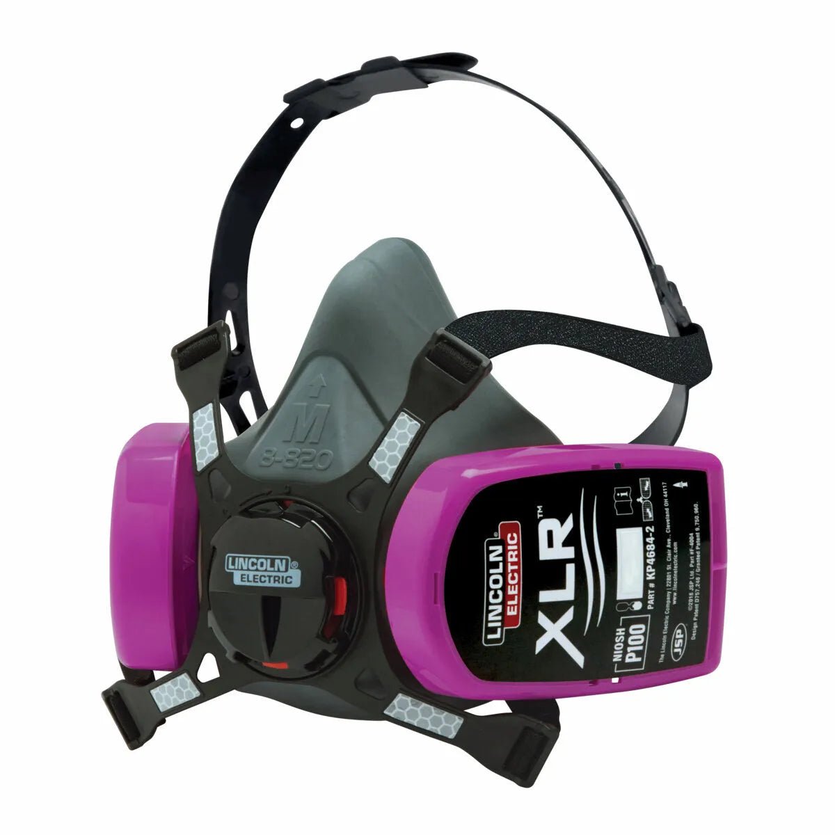 Lincoln XLR P100 Half Mask Welding Respirator Medium K4683-M with gray facepiece, black straps, dual purple P100 filters for welders.