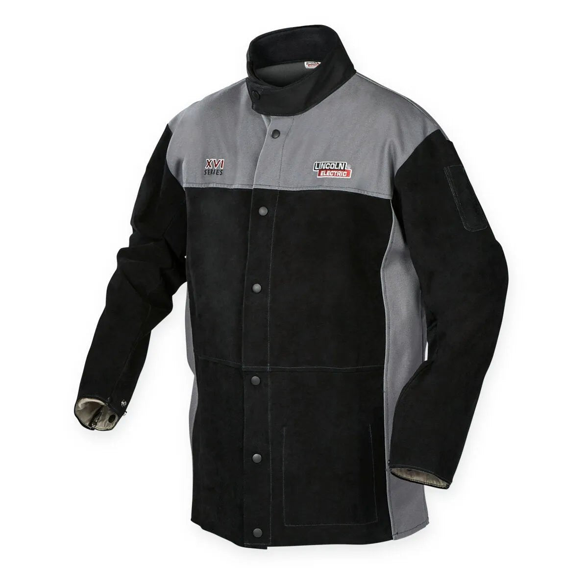 The Lincoln K4933-L - XVI Series Heavy Duty Split Leather FR Welding Jacket (Large) features black/gray split leather, long sleeves, snap-front closure, a stand-up collar, reinforced stitching, and logo detailing—ideal for tough welding jobs.