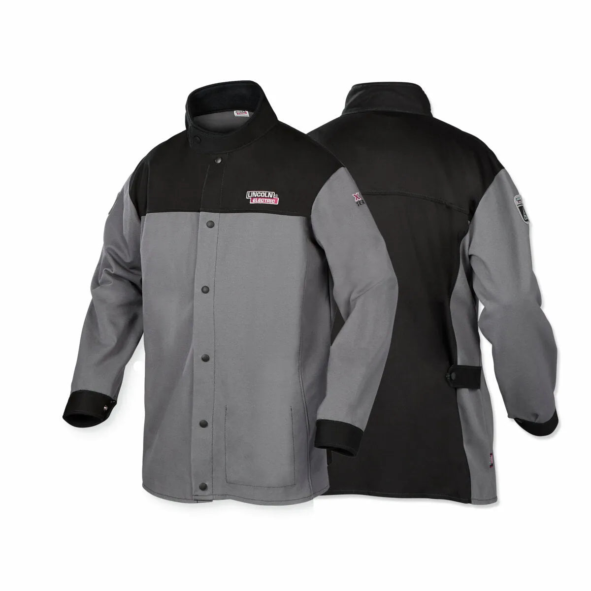 Front and back views of the Lincoln K4931-L XVI Series Industrial FR Welding Jacket, Large, in gray and black. Features snap buttons, long sleeves, black shoulders, adjustable cuffs, stand-up collar, and Lincoln Electric logo patches.