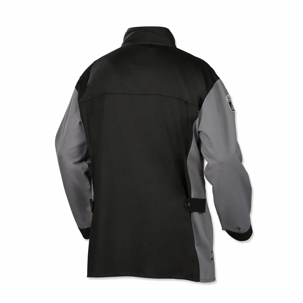 The Lincoln K4931-XL XVI Series Industrial FR Welding Jacket, shown from the back in mostly black with gray sleeves/side panels, features long sleeves, a high collar, adjustable waist tabs, and a small left upper sleeve patch. Size: XLarge.