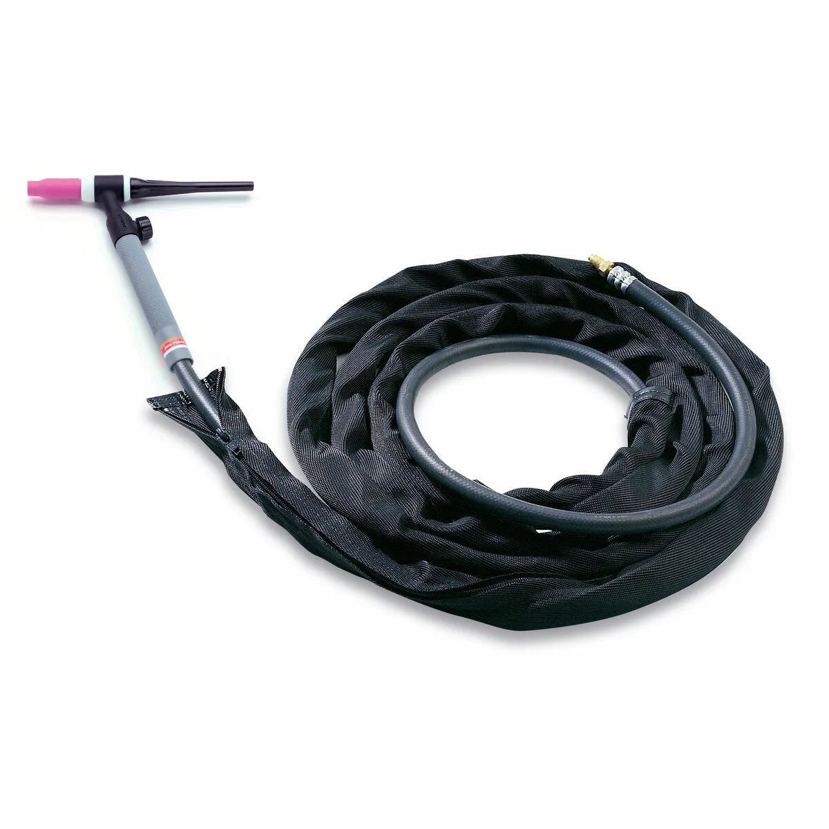 A coiled black TIG welding torch with a pink ceramic nozzle and a zippered cable cover, laid out on a white background.