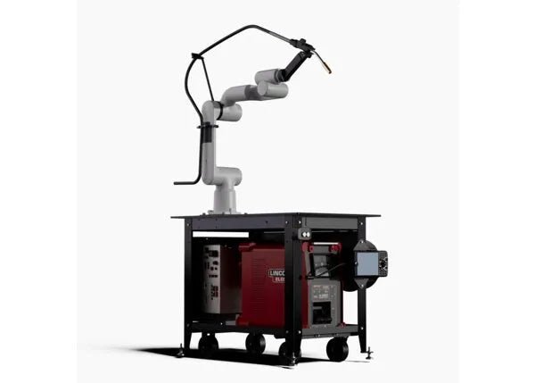 Lincoln ClassMate GoFa-5 Cobot Trainer with Lincoln Electric welder, FANUC software, and mobile workstation for welding training.