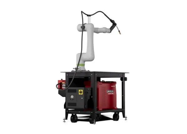 Lincoln ClassMate GoFa-5 Cobot Trainer AD2446-27 robotic welding system with Lincoln Electric control on wheeled table.