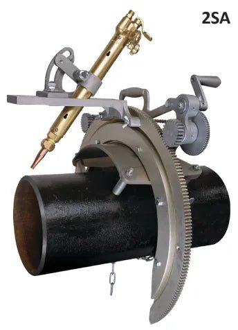 Mathey 2SA Saddle Machine 6-12in. with torch mounted on pipe for precision cutting, beveling; WeldingMart welding tool shown.