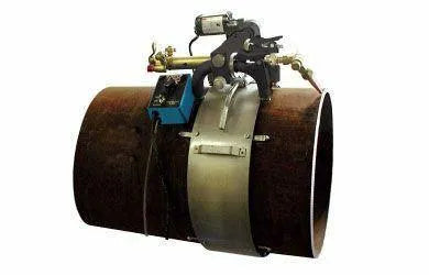 Mathey 30" Monarch Stainless Band Crawler 05.0204.030 for welding, clamped on a rusted pipe, ready for automated cutting.