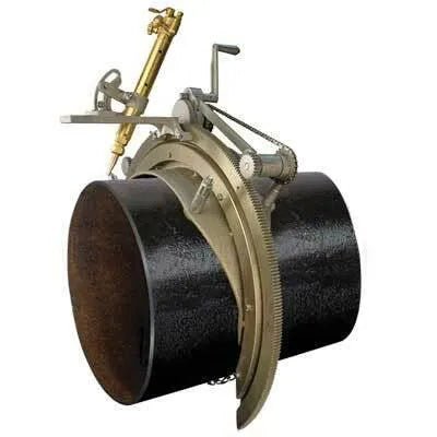 Mathey 3SA Manual Saddle Cutting Machine with step spacers, hand crank, gears, and torch for precise pipe welding cuts 12–20 in.