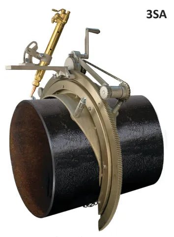 Mathey 3SA Saddle Machine 12–20in pipe cutting and beveling tool with torch, for welding, clamped on large black pipe.