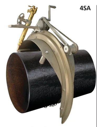 Mathey 4SA Saddle Machine 20–26in with torch and guide on pipe, ideal welding tool for precise cutting and pipe beveling.